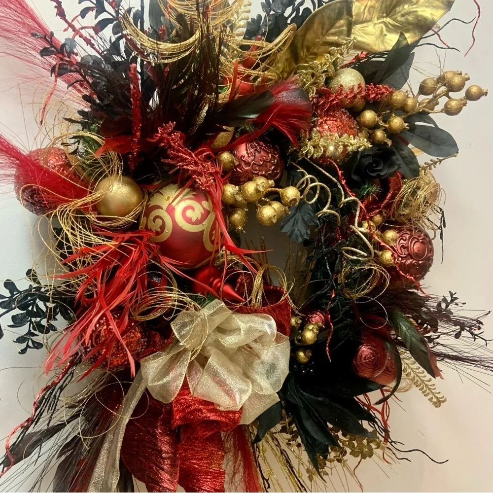 Elegant Unique Floral Christmas Contemporary Black Red Gold Door Wall Wreath